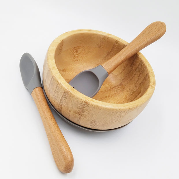 Bamboo Grey- Kradyl Kroft Bamboo Silicone Bowl & Spoon Set for Babies and Toddlers