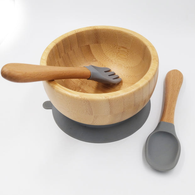 Bamboo Grey- Kradyl Kroft Bamboo Silicone Bowl & Spoon Set for Babies and Toddlers