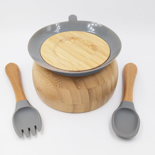 Bamboo Grey- Kradyl Kroft Bamboo Silicone Bowl & Spoon Set for Babies and Toddlers