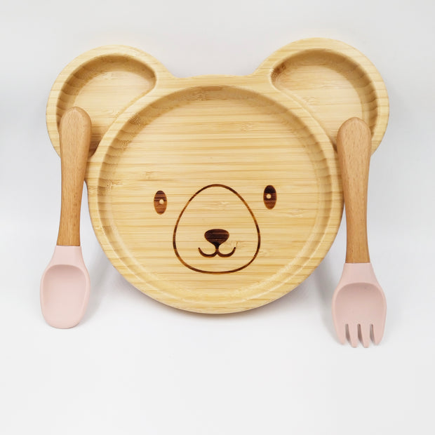 Teddy Pink- Kradyl Kroft Bamboo Silicone Bowl & Spoon Set for Babies and Toddlers