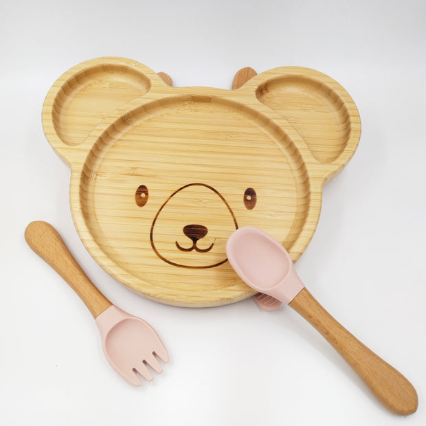 Teddy Pink- Kradyl Kroft Bamboo Silicone Bowl & Spoon Set for Babies and Toddlers