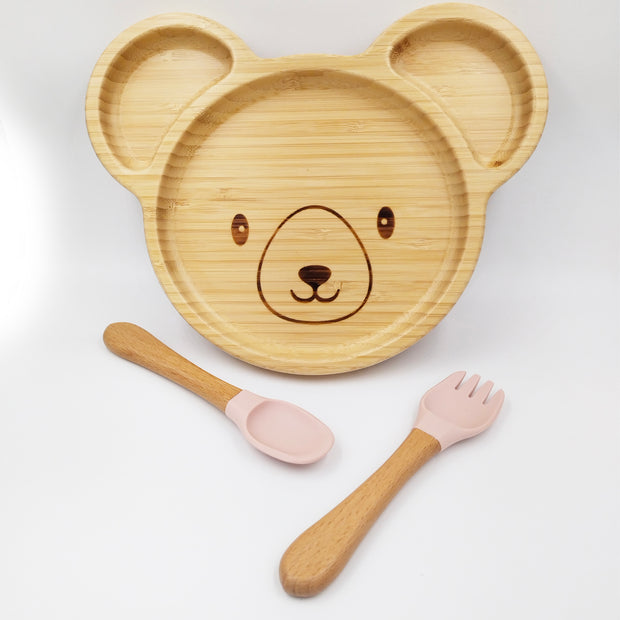 Teddy Pink- Kradyl Kroft Bamboo Silicone Bowl & Spoon Set for Babies and Toddlers