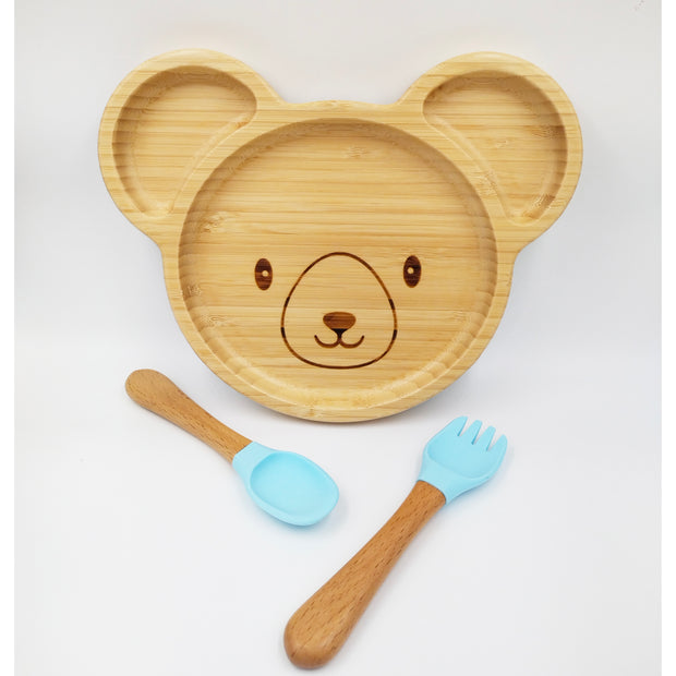 Teddy Blue- Kradyl Kroft Bamboo Silicone Bowl & Spoon Set for Babies and Toddlers