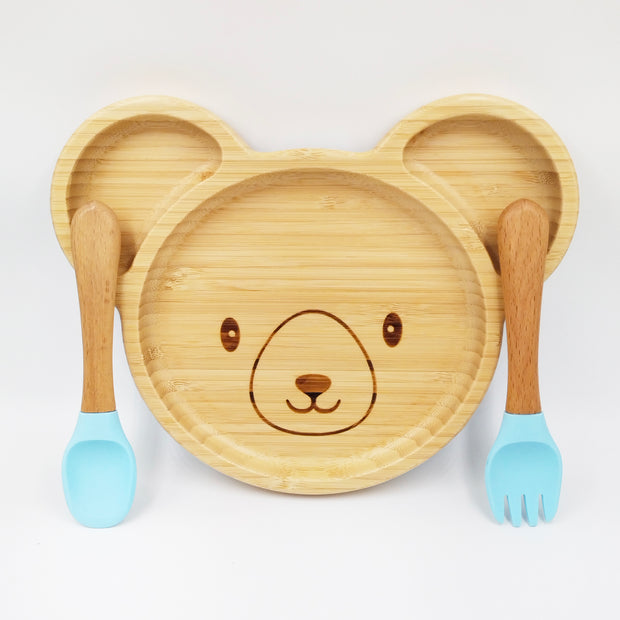 Teddy Blue- Kradyl Kroft Bamboo Silicone Bowl & Spoon Set for Babies and Toddlers