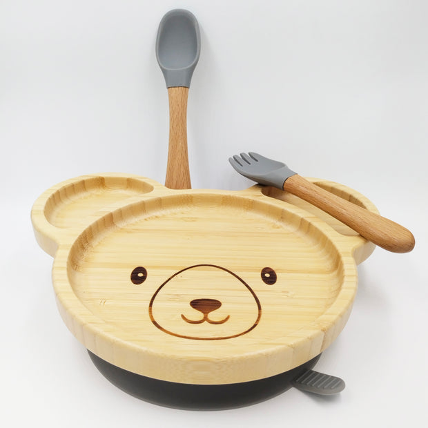 Teddy Grey- Kradyl Kroft Bamboo Silicone Bowl & Spoon Set for Babies and Toddlers