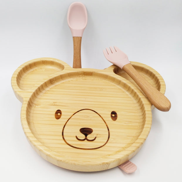 Teddy Pink- Kradyl Kroft Bamboo Silicone Bowl & Spoon Set for Babies and Toddlers