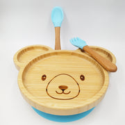 Teddy Blue- Kradyl Kroft Bamboo Silicone Bowl & Spoon Set for Babies and Toddlers