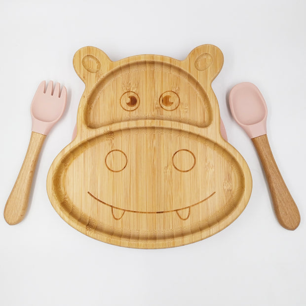 Hippo Pink- Kradyl Kroft Bamboo Silicone Bowl & Spoon Set for Babies and Toddlers