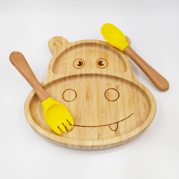 Hippo Yellow- Kradyl Kroft Bamboo Silicone Bowl & Spoon Set for Babies and Toddlers