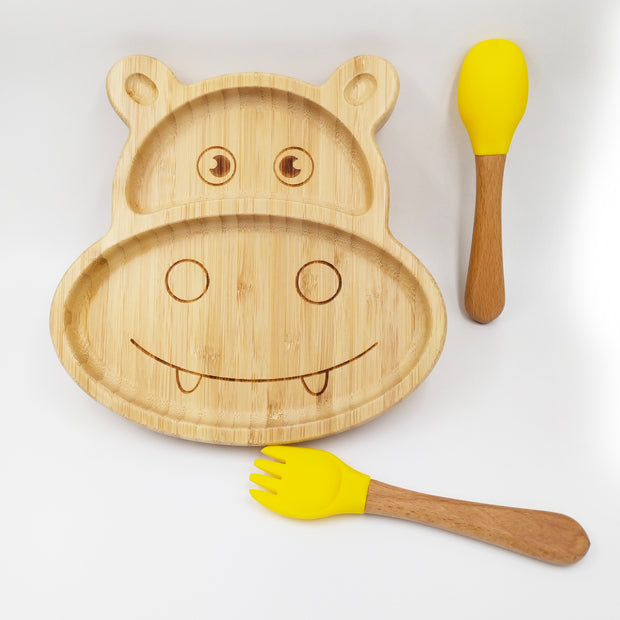 Hippo Yellow- Kradyl Kroft Bamboo Silicone Bowl & Spoon Set for Babies and Toddlers