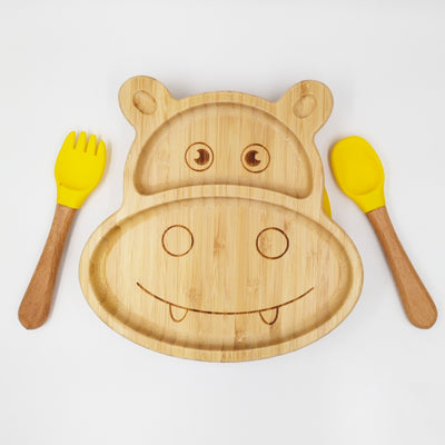 Hippo Yellow- Kradyl Kroft Bamboo Silicone Bowl & Spoon Set for Babies and Toddlers