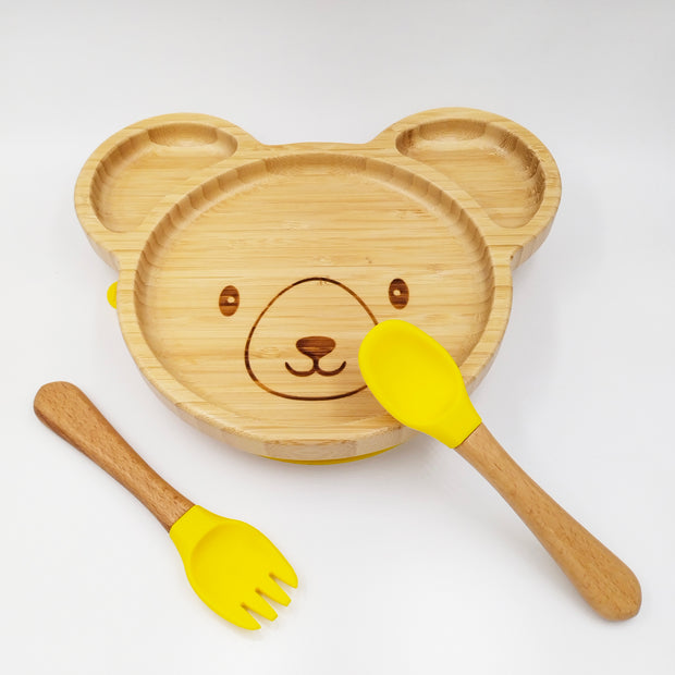 Teddy Yellow- Kradyl Kroft Bamboo Silicone Bowl & Spoon Set for Babies and Toddlers