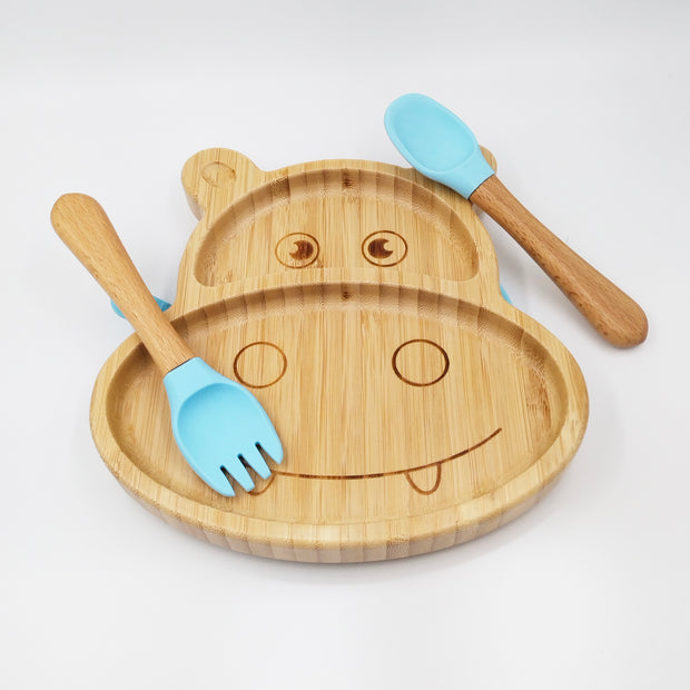 Hippo Blue- Kradyl Kroft Bamboo Silicone Bowl & Spoon Set for Babies and Toddlers