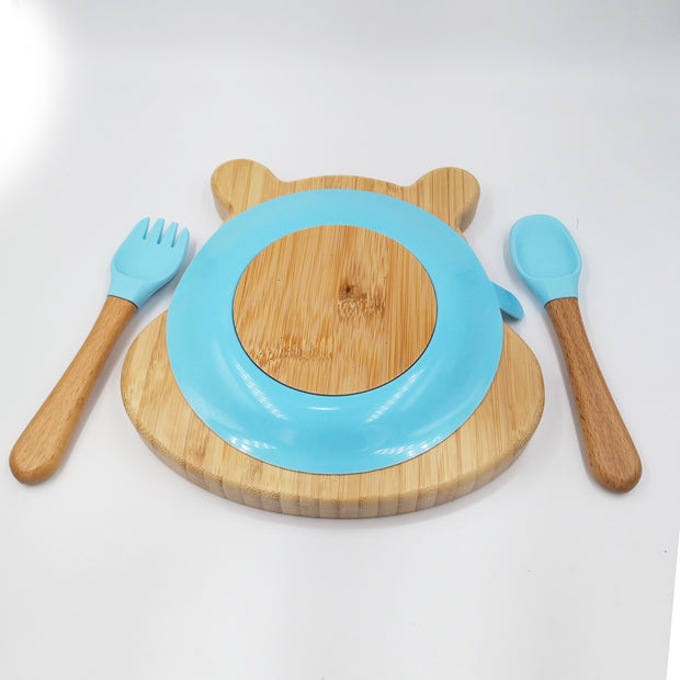 Hippo Blue- Kradyl Kroft Bamboo Silicone Bowl & Spoon Set for Babies and Toddlers