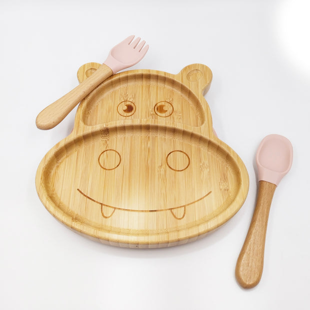 Hippo Pink- Kradyl Kroft Bamboo Silicone Bowl & Spoon Set for Babies and Toddlers