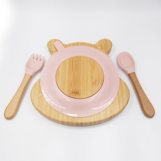 Hippo Pink- Kradyl Kroft Bamboo Silicone Bowl & Spoon Set for Babies and Toddlers