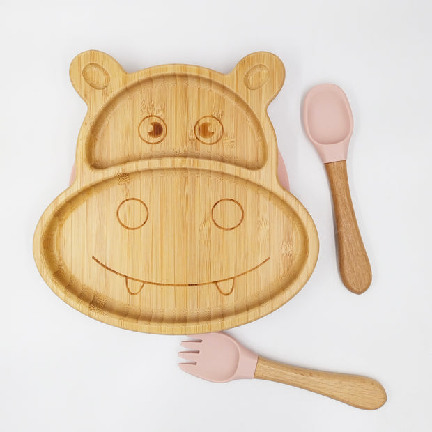 Hippo Pink- Kradyl Kroft Bamboo Silicone Bowl & Spoon Set for Babies and Toddlers