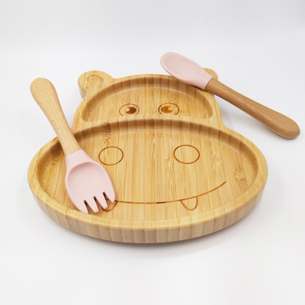 Hippo Pink- Kradyl Kroft Bamboo Silicone Bowl & Spoon Set for Babies and Toddlers