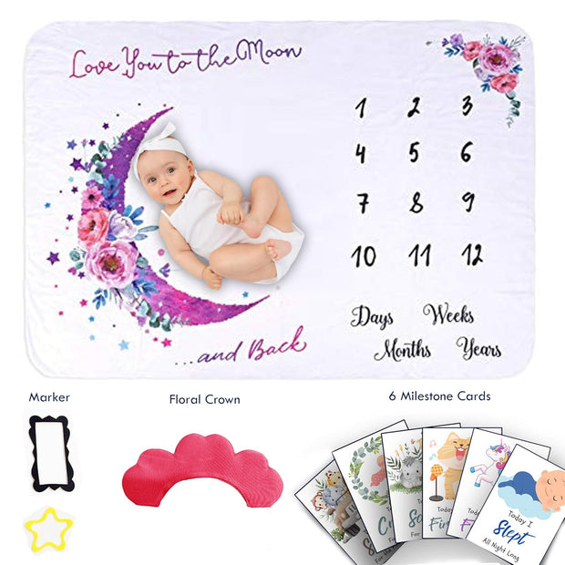 Pink Moon- Milestone Blanket Quilt with 6 Milestone Cards and Markers